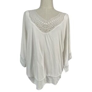 White House Black Market Womens XL White Modal Embroidered V-Neck Dolman Top